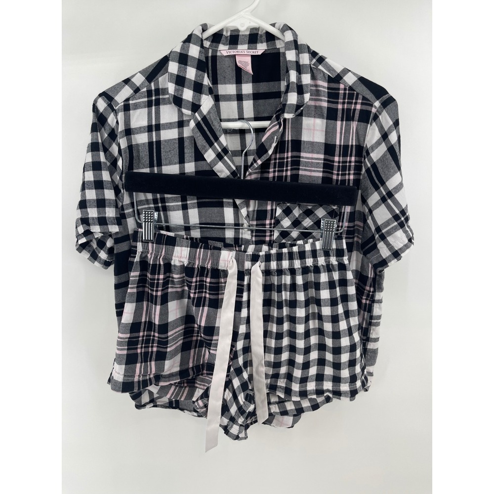 Victoria's Secret Pajama Set Women XS Black White Pink Excellent Plaid 2-Piece